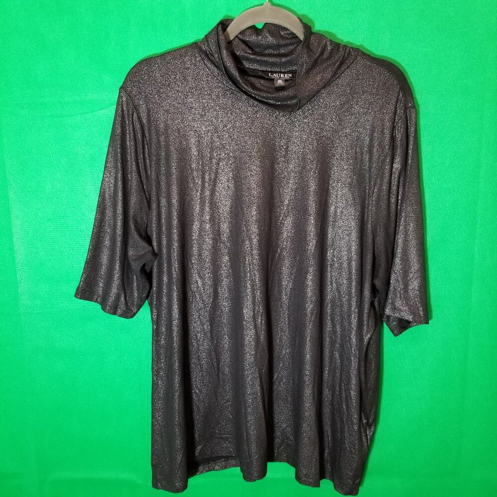 Lauren Ralph Lauren Womens Black Metallic Sparkle Knit Top Mock Neck Plus Sze 3X